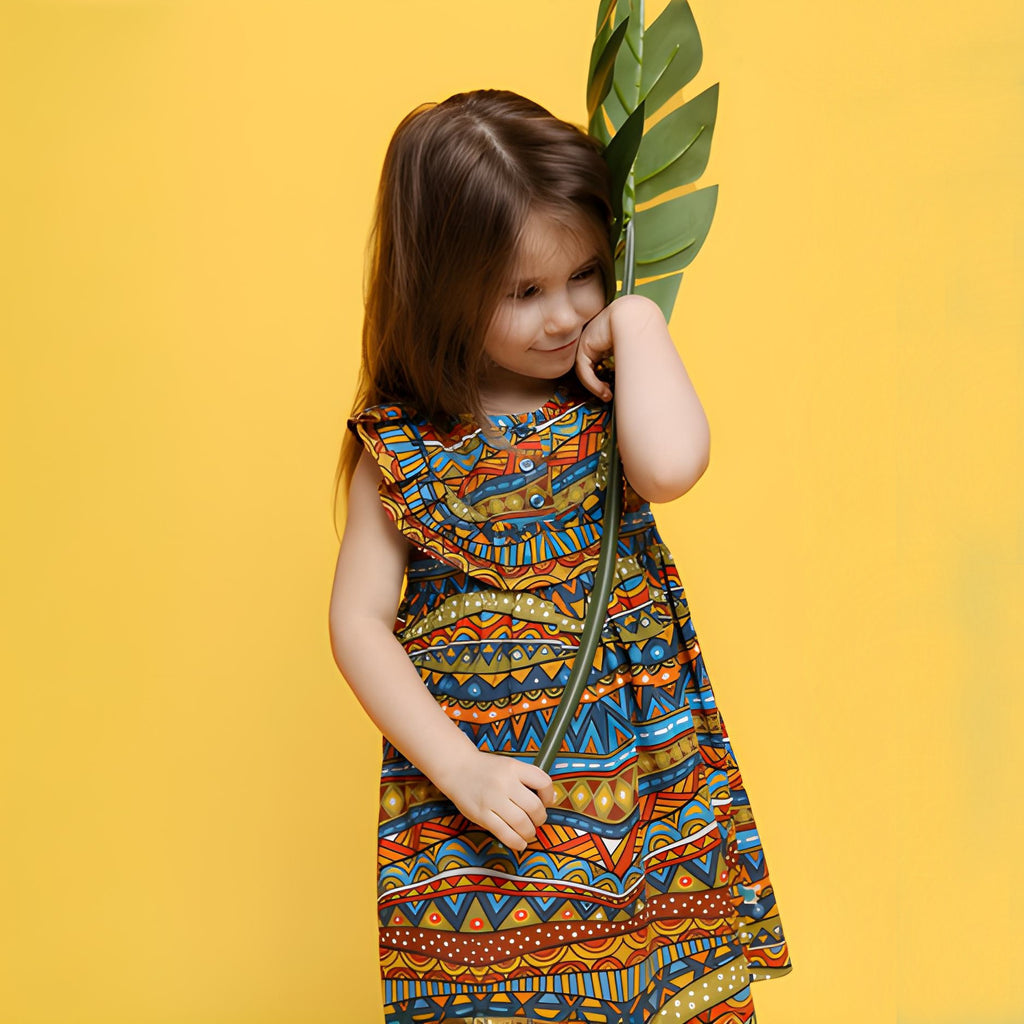 Girls' cotton dress Wenzi inspired by African patterns, celebrating cultural heritage with vibrant designs.
Dívčí bavlněné šaty Wenzi inspirované africkými vzory, oslavující kulturní dědictví s pestrými motivy.